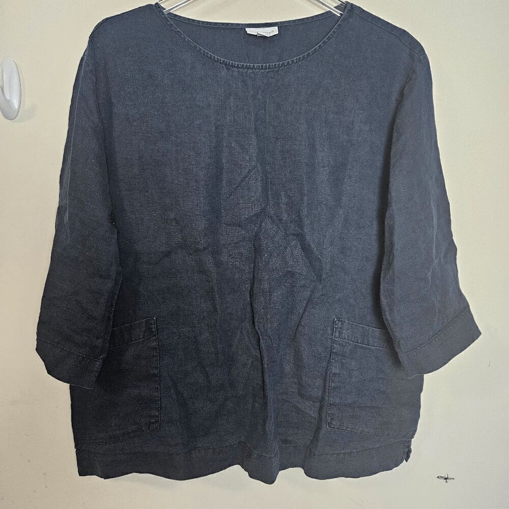 Pure Jill 100% Linen Lagenlook 3/4 Sleeves Top with Pockets Women's Gray Size M